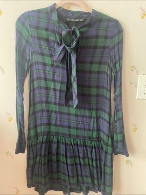 Zara Green & Navy Plaid Tie-Neck Mini Dress